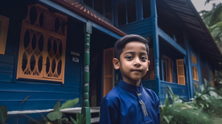 Portrait of asian boy in traditional clothes standing in front of houseの素材