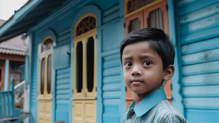 Little asian boy in blue shirt standing in front of the houseの素材