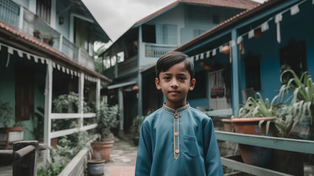 indonesian boy in traditional costume posing in front of his houseの素材