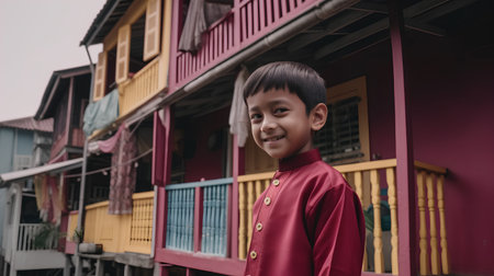 Portrait of a boy in a red shirt on the background of a colorful houseの素材