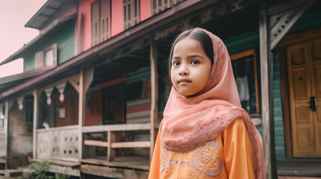 Asian muslim little girl wearing headscarf and standing in front of the houseの素材
