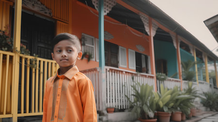 Thai boy with orange shirt standing in front of the house.の素材