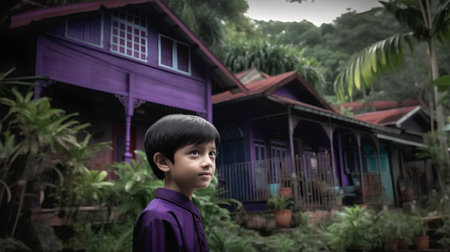 Little asian boy in purple shirt and standing in front of houseの素材