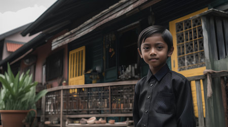 Portrait of asian boy standing in front of his house.の素材
