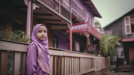 Portrait of a cute little Asian muslim girl wearing hijab.の素材