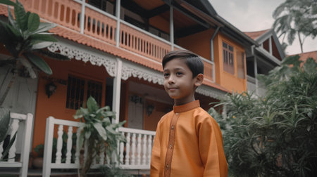 Portrait of a cute asian boy in traditional clothes standing in front of his houseの素材