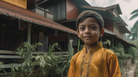 indonesian boy in traditional costume posing in front of his houseの素材