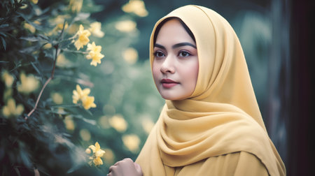 Portrait of beautiful asian muslim woman in yellow hijab with yellow flowerの素材