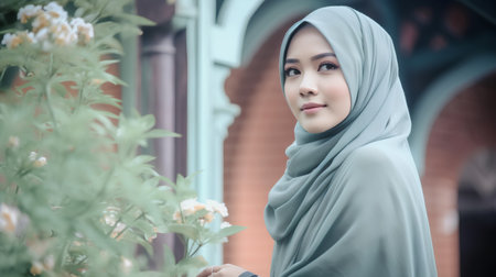 Portrait of beautiful Asian muslim woman wearing green hijab in the city.の素材