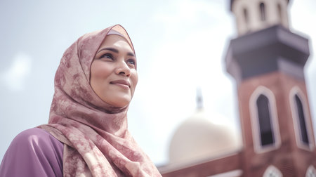 Portrait of beautiful muslim woman with hijab in the mosque.の素材