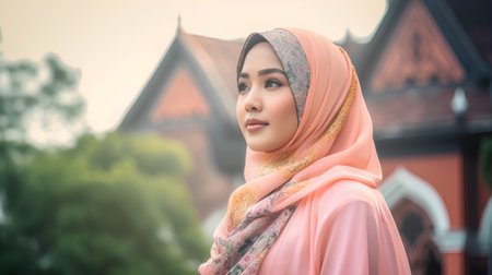 Beautiful muslim woman with hijab in the temple, Thailand.の素材