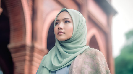Portrait of beautiful young muslim woman with hijab in the mosqueの素材