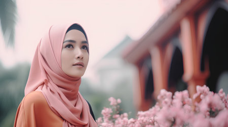 Hijab woman with pink veil and peach blossom background.の素材