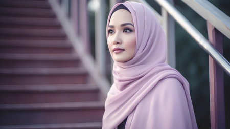 Portrait of beautiful muslim woman with pink hijab looking at cameraの素材