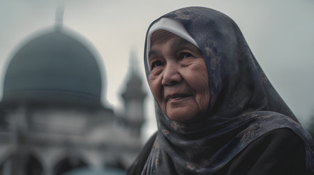 Portrait of an old muslim woman in front of the mosqueの素材