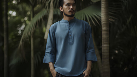 Portrait of a young man in a blue shirt in the jungle.の素材