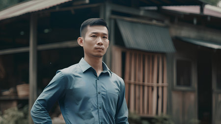 portrait of young asian man in blue shirt standing in front of wooden houseの素材