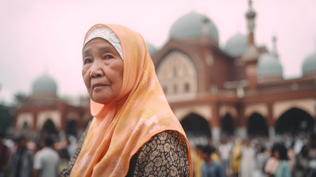 Portrait of an old muslim woman in front of the mosqueの素材