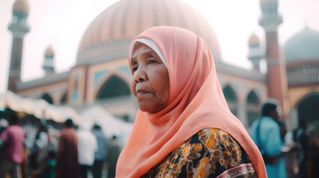 An old muslim woman in a headscarf at the mosqueの素材