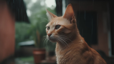 ginger cat looking through the window with rain drops in the backgroundの素材