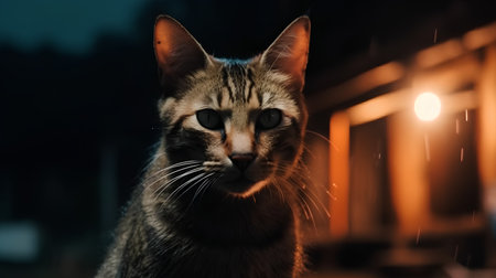 Portrait of a cat on a background of a night city.の素材