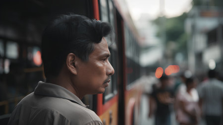 Portrait of asian man on a train in Bangkok, Thailandの素材