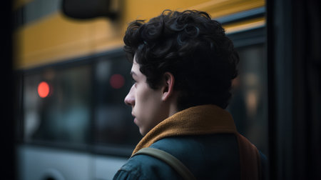 Portrait of a young man with curly hair on the street.の素材