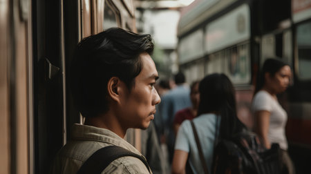 Asian young man looking out the window of a tram in Bangkok, Thailandの素材