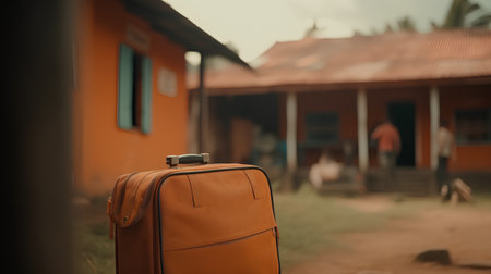 Luggage on the background of the old house. Travel concept.の素材