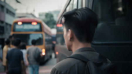 Back view of young man with earphones listening to music in the cityの素材