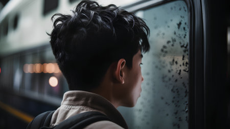 young man looking out the window of a train at night in the cityの素材