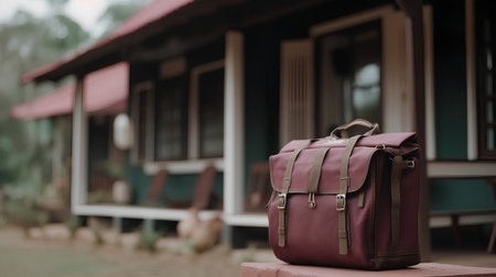 Travel bag on the wooden table in the park. Selective focus.の素材