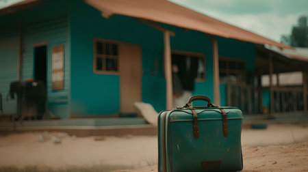 Vintage suitcase on the background of a blue house in the villageの素材