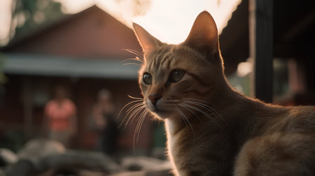 Portrait of a cat on the background of the setting sun.の素材