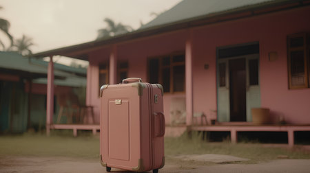 Vintage suitcase in front of a pink building on the beach.の素材
