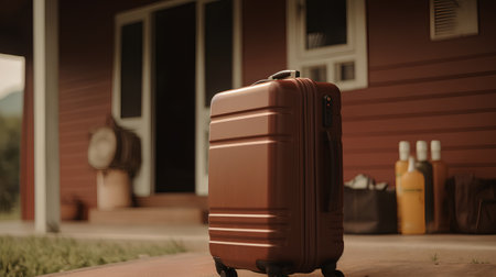 Suitcase in front of a brown wooden house. Travel conceptの素材