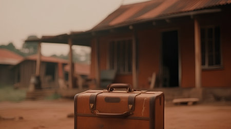 Old brown suitcase in front of an old house in a rural areaの素材