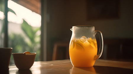 Orange juice in a glass jug on a wooden table in a cafeの素材