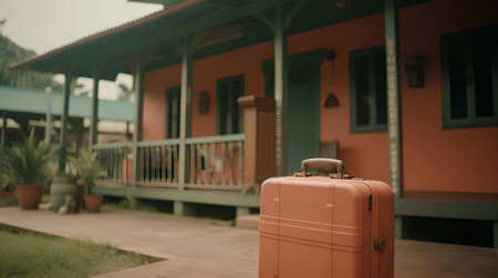 Vintage suitcase on the background of a colorful house. Travel concept.の素材