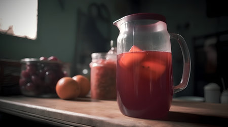 Fruit juice in a jug on a wooden table in the kitchenの素材