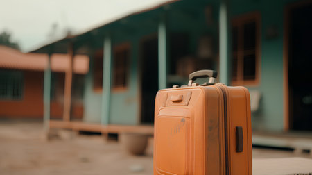 Orange suitcase on the background of the old school. Travel concept.の素材