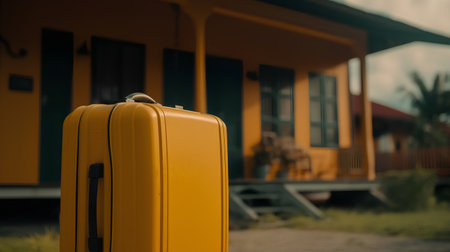 Yellow suitcase on the background of a train station. Travel concept.の素材
