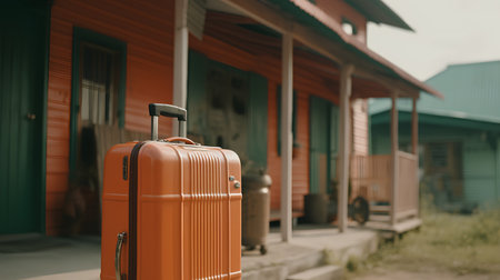 Vintage travel suitcase in front of old wooden house. Travel conceptの素材