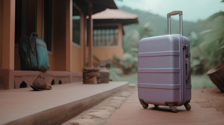 Blue suitcase on the ground near the house. Travel and tourism concept.の素材