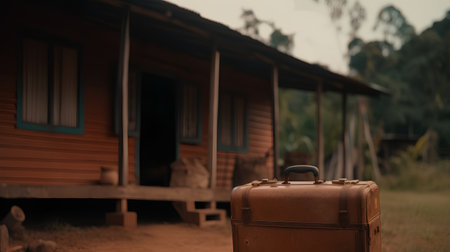 Old suitcase on the background of a wooden house in the jungle.の素材