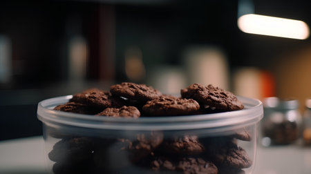 Chocolate chip cookies in plastic box on table in kitchen at homeの素材
