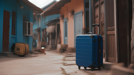 Blue suitcase on the street of a small town. Travel concept.の素材