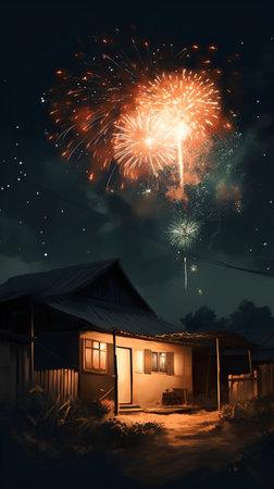 Fireworks in the night sky with a house in the background.の素材