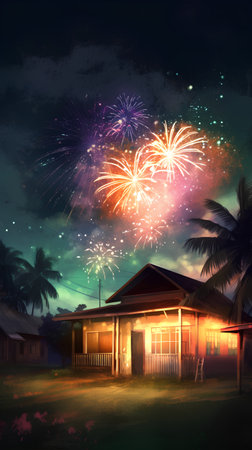 Fireworks over the house at night in the tropics, illustrationの素材