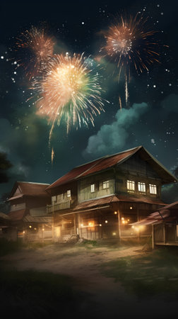 Fireworks in the night sky with wooden house on the meadowの素材